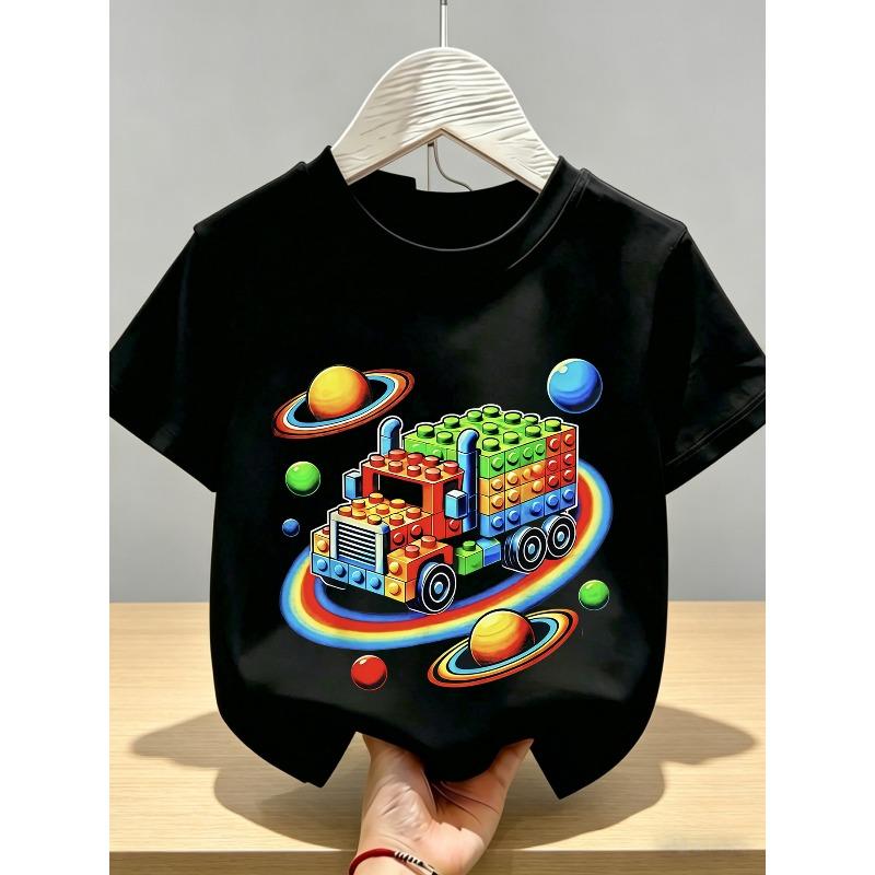 European Sizes Creative Building Block Truck Print Kids' Short Sleeve Cotton T-Shirt, Boys' Top, Soft, Breathable, Skin-Friendly