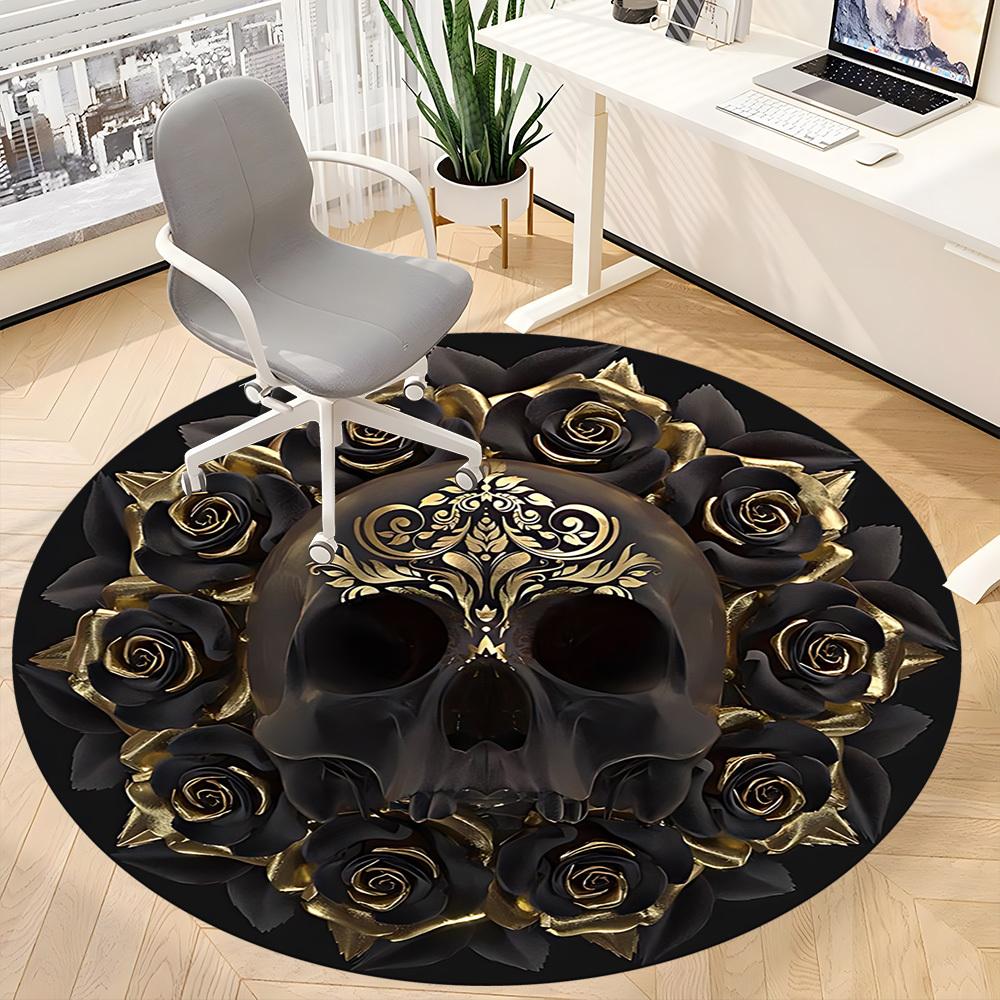 1pc Skull Roses Artwork Chair Carpet for Office, Round Non Slip Durable Large Size Office Carpet, Suitable for Office