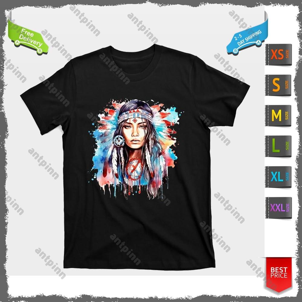 

Native American Day Indigenous Girl With Feathers T-Shirt Usinex Unisex T-Shirt L