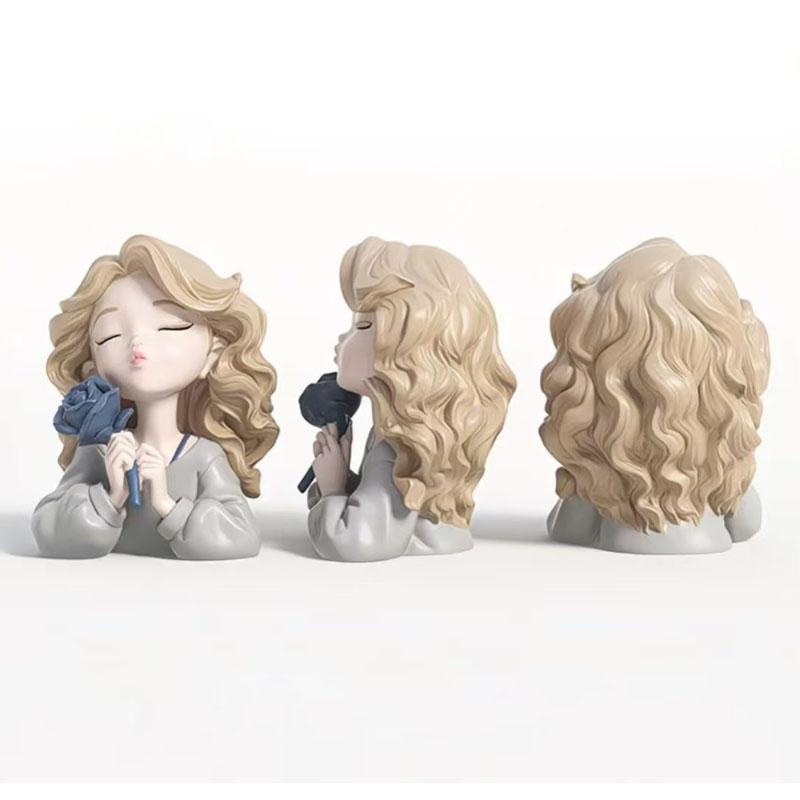 Wavy Blonde Hair Girl Figures Rose Flower Statue Desk Decoration Exquisite Character Resins Sculpture Room Aesthetics Decor