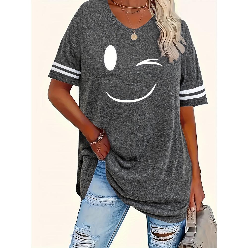 Women's Printed Round Neck Short Sleeved Striped T-shirt