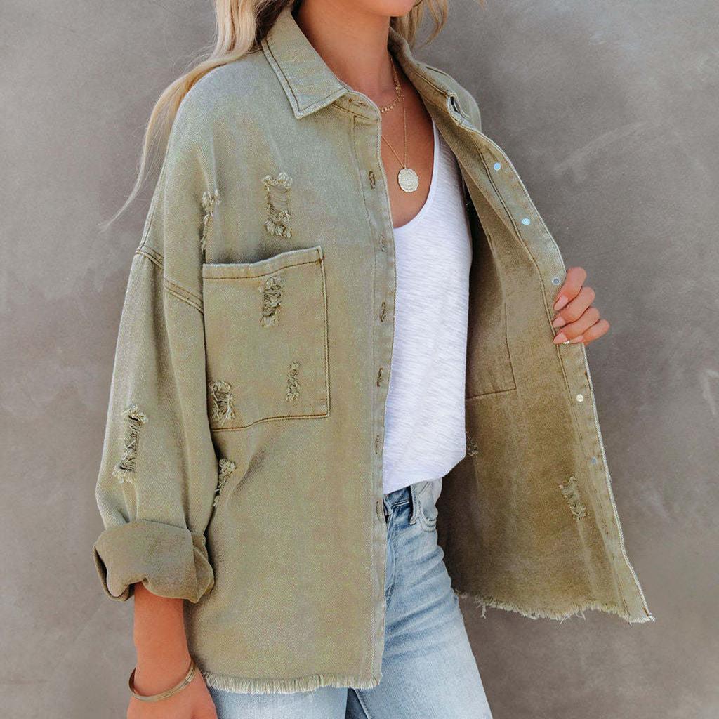 Veste en jean décontractée à manches longues pour femme Ourlet effiloché usé Fermeture boutonnée sur le devant Coupe ample Vêtement d'extérieur avec poches plaquées