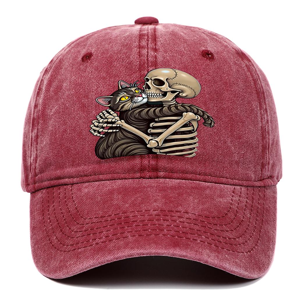 Cat and Skeleton Printed Baseball Hat Adjustable Washable Outdoor Sunscreen Hat Suitable As Halloween Gift for Men and Women