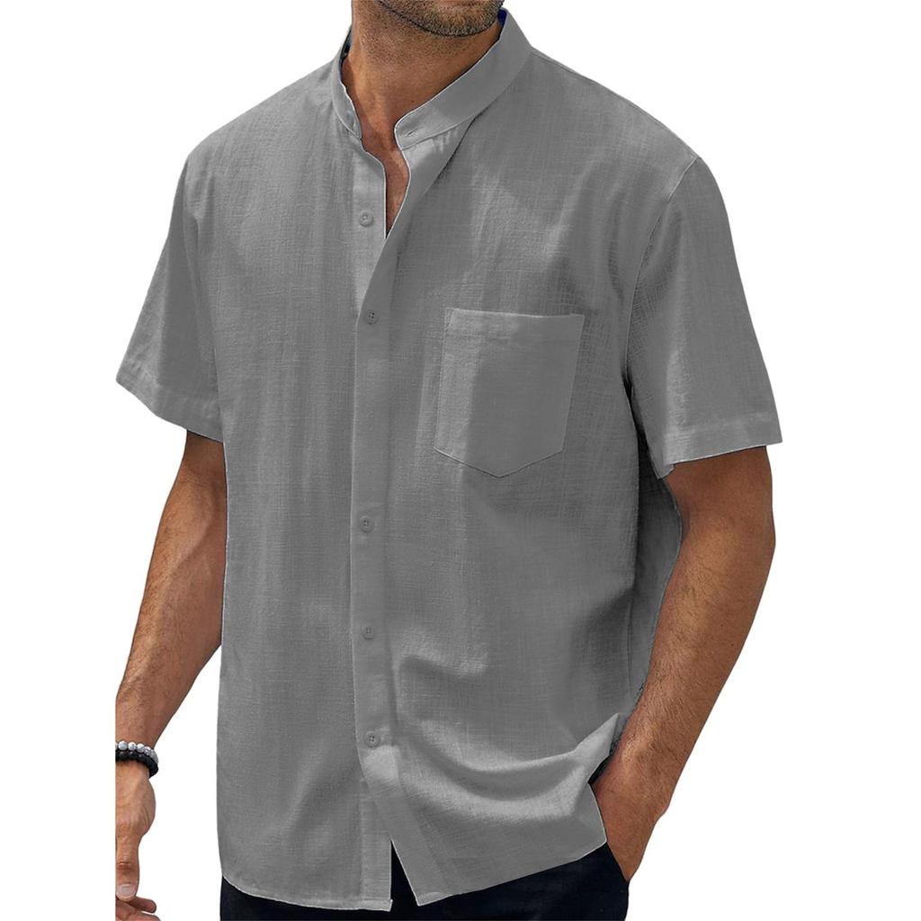 Men's Casual -color Cotton Blended Shirt, Men's Lapel Short-sleeved Top
