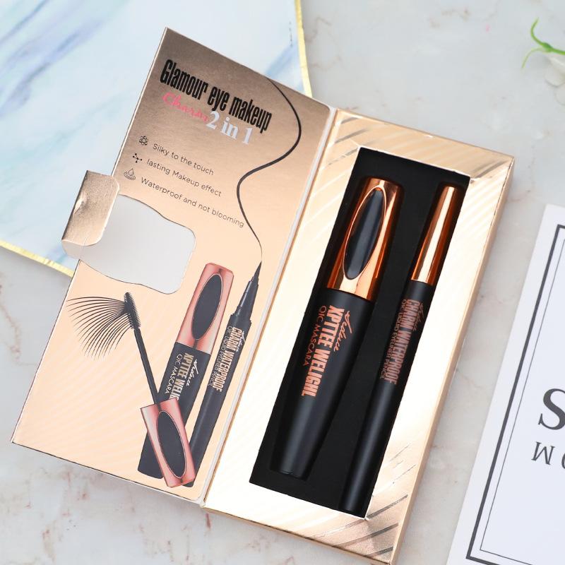 QIC eyeliner mascara set, eye makeup, slender and dense, waterproof and non-smudging 2 pcs