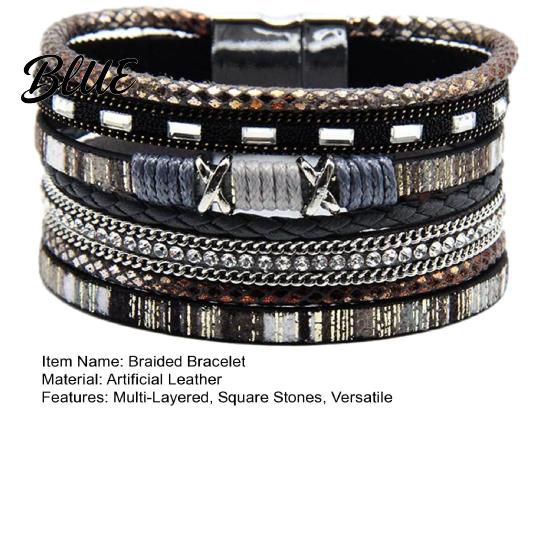 Bohemian Bracelet Braided Multi-Layered Faux Leather Rope Casual with Square