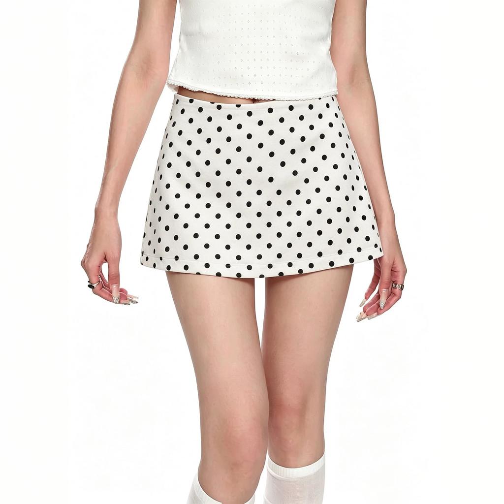Women Polka Dot High Waist A-Line Mini Skort, Summer Slim Bodycon Skirt with Inner Liner, Gentle Style Anti-Chafing Short Skirt for Casual Outfits