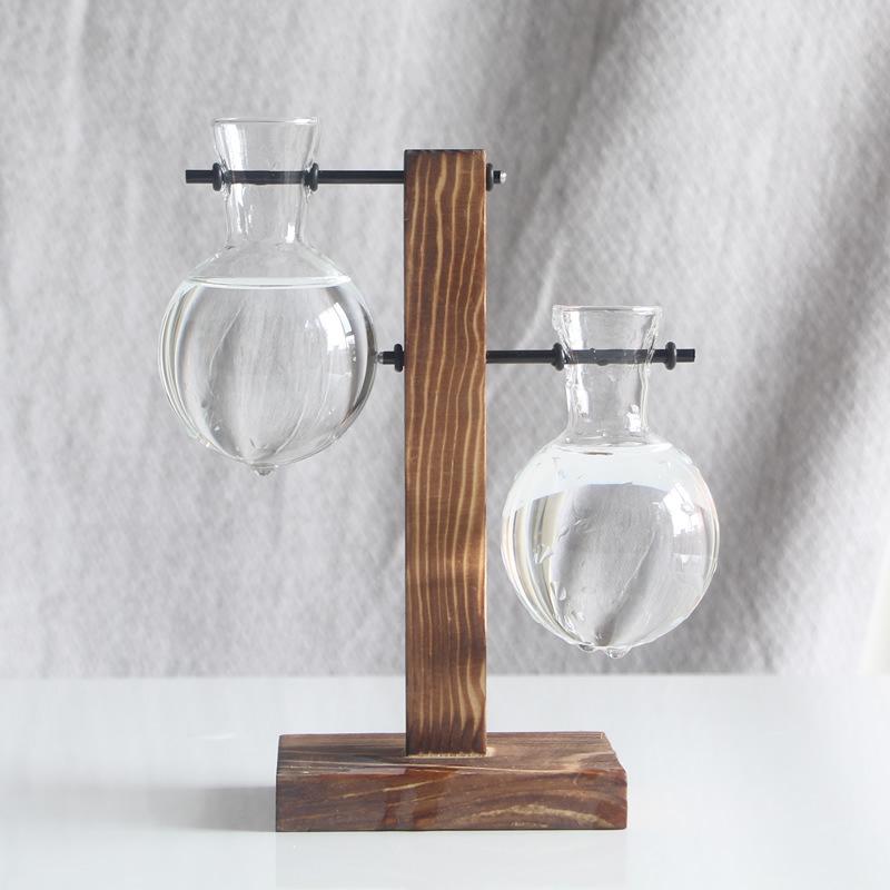 Creative Wooden Frame Hydroponic Vase with Glass Container for Desktop Decoration