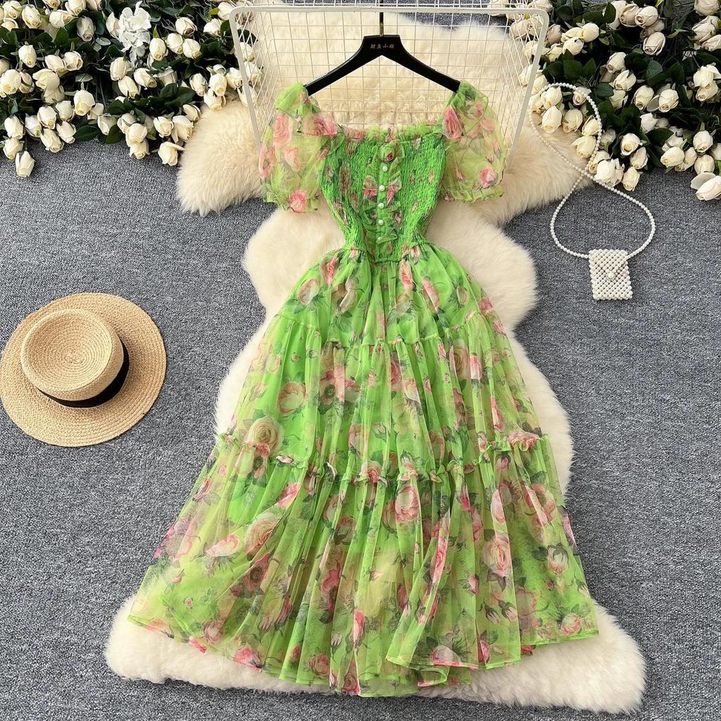 Tea Break Retro French Gentle Style Floral Chiffon Dress for Women with A Cinched Waist and A One Shoulder Puff Sleeve Mesh Skirt
