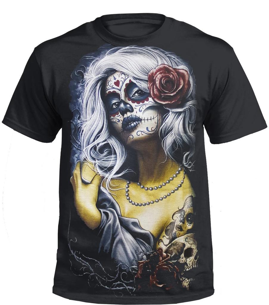 Neu ROSE SKULL T-Shirt, Tattoo/Rock/Metal/Biker/Goth/Mexican Sugar Skull/Top/TeeWird in neuem Fenster oder Tab geöffnet
