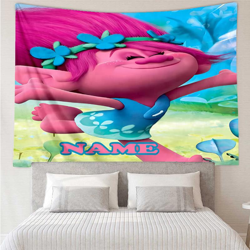 Custom Name Trolls Print Tapestry, Backdrop, Easy Setup, Ideal for Bedroom, Office & Living Room, with Aesthetic Wall Hanging Decor.