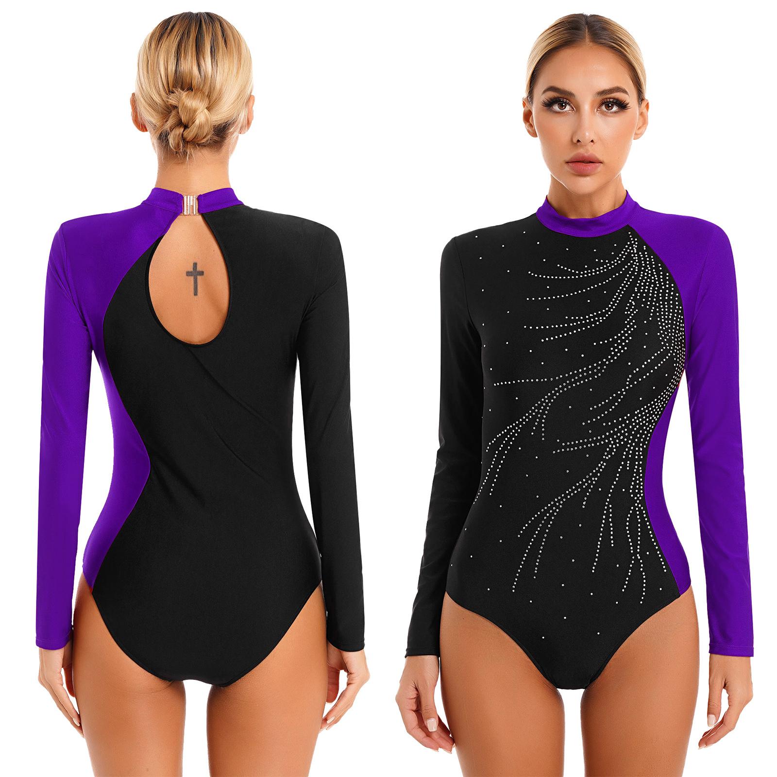 

Womens Gymnastics Leotards Long Sleeve Shiny Dance Ballet Performance Unitards Bodysuit Top Dancewear S фіолетовий