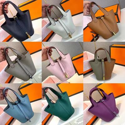 High-end Semi-handmade Vegetable Basket Bag Togo First Layer Cowhide Commuter Bag Genuine Leather Portable Bucket Bag Women 18cm