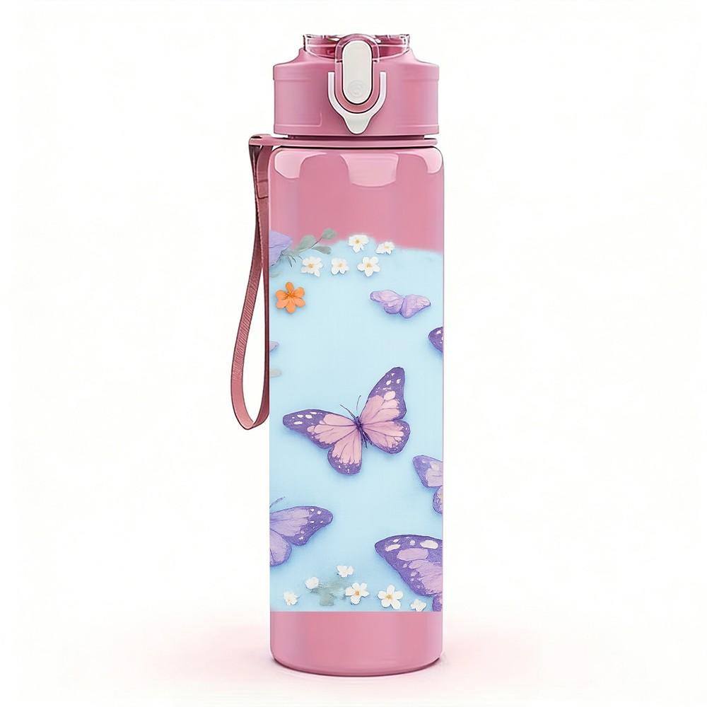 1PC Soft Pastel Butterfly Cloud Pattern Print 750ml Color Plastic Sports Water Bottle Leakproof Flip Straw Lid Suitable for Sports Office Home Use