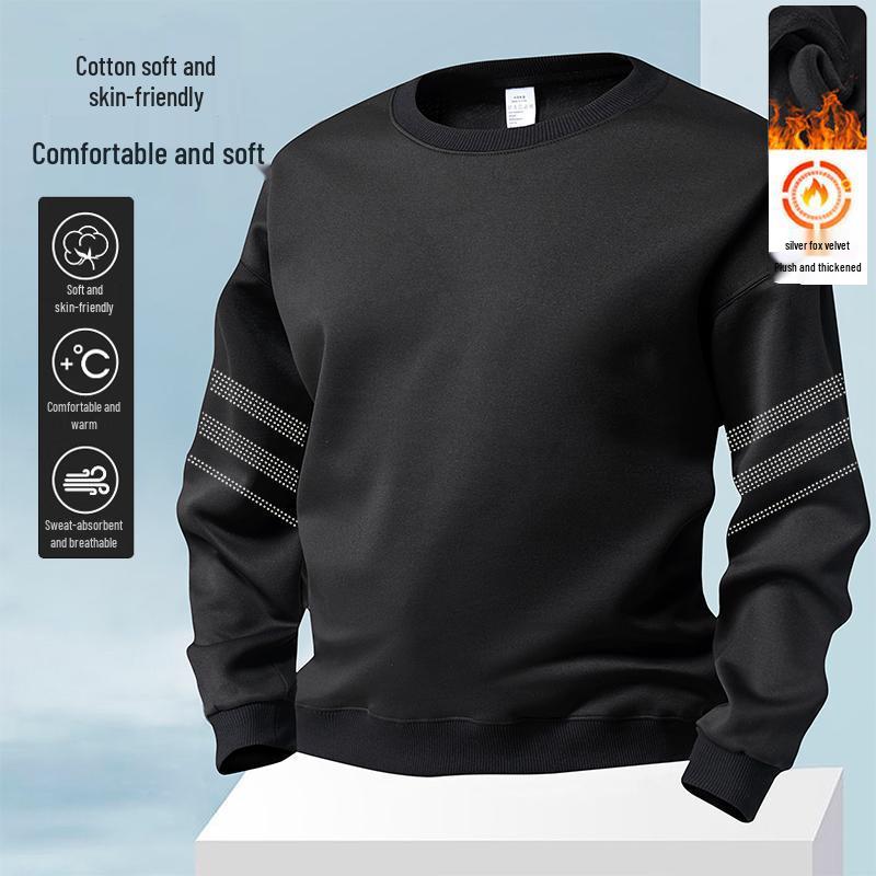 Men's Versatile Long Sleeve Plus Velvet Pullover - Loose Fit Round Neck Base Layer for Autumn & Winter