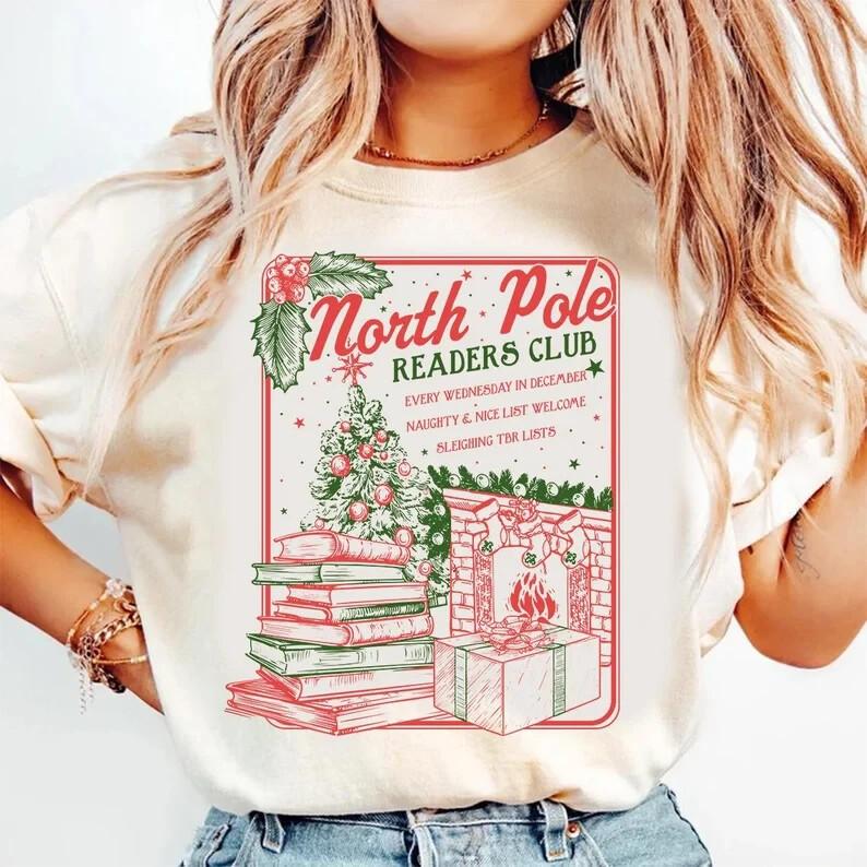 Bookish Christmas Shirt, North Pole Book Club Santa Shirt, Christmas Retro Book Unisex T-Shirt M