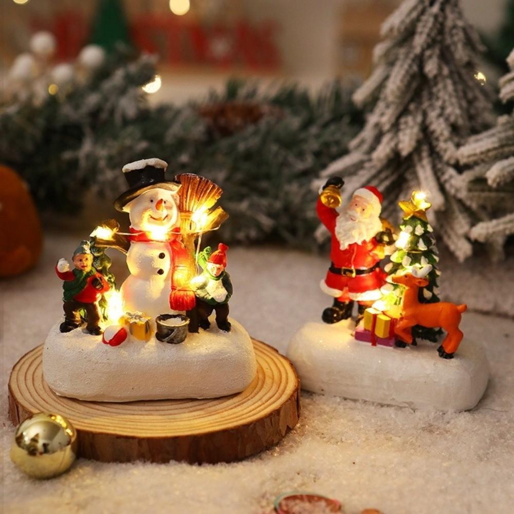 Fashion Resin Christmas Village Houses Mini LED Light New Year Micro Landscape Santa Claus Craft New Year Decor Desktop Decor