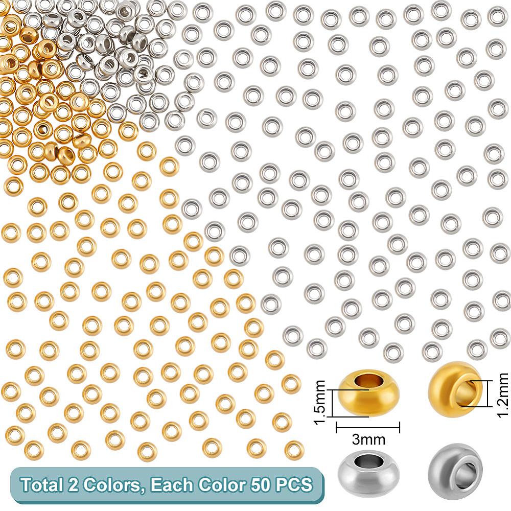 100Pcs 2 Colors 202 Stainless Steel Spacer Beads, Flat Round, Golden & Stainless Steel Color, 3x1.5mm, Hole: 1.2mm, 50pcs/color