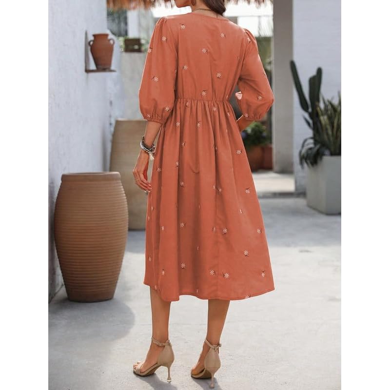 SMOWKLY Cotton Blend Women' Casual Embroided Dress MidLength Maxi Dress for Woman Stylish Frocks for Women One Pie