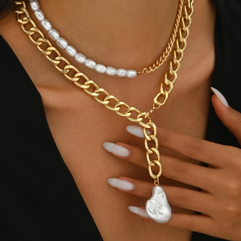 Vintage Layered Pearl Necklace For Women Gold Plated Multi Layer Chain Choker With Heart Lock Pendant For Party Daily Jewelry