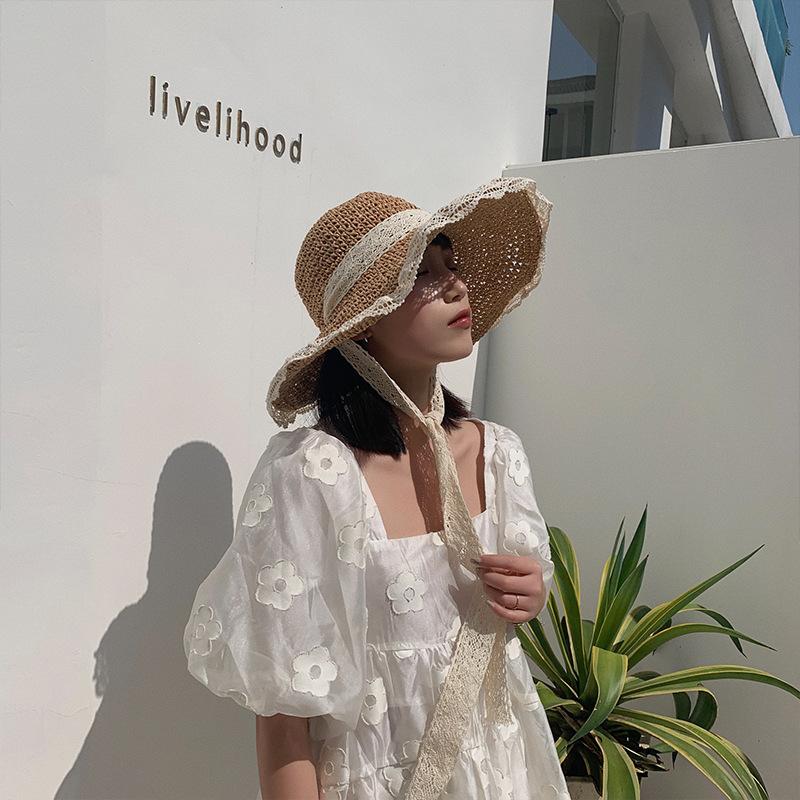 Hat Women's Straw Hat Trendy Versatile Summer Thin Breathable Lace Hollow Small Fresh Windbreak Rope