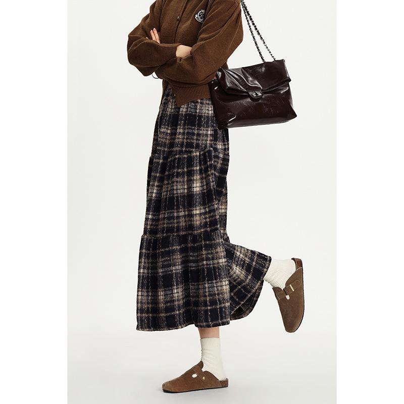 

Ankela Red Retro Plaid Woolen A-Line High Waist Mid-Length Umbrella Skirt for Women (Autumn/Winter) One Size темно-синий