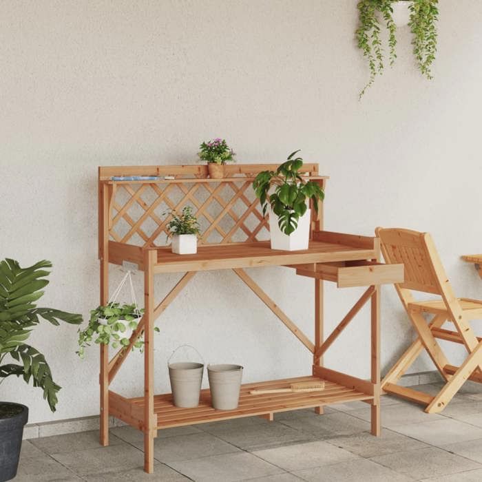 VidaXL Potting Bench with Trellis, Plant Stand with Hooks and Drawer, Garden Patio Potting Table, Brown 368429