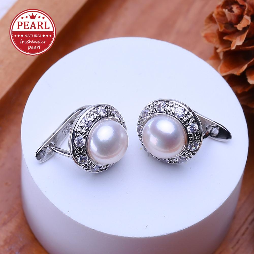 LSOOYH 7-8mm Freshwater Pearl Earrings Silver Color Fashion Cubic Zirconia Clip On Earrings For Women Birthday Gifts