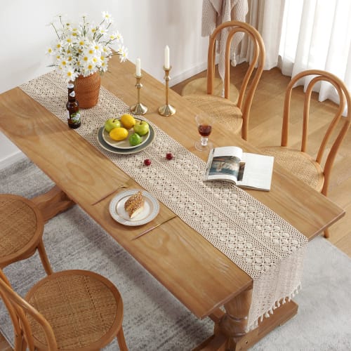 ZARROUEA 3D Lace Table Runner with Fringe, Beige, American Vintage, Phoenix Tail Pattern, Crochet, 180cm (4.7 ft)