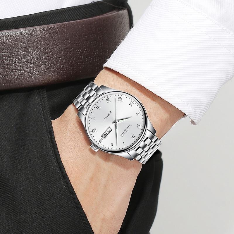 Men's Minimalist Roman Dial Waterproof Stainless Steel Wristwatch with Date, Day, and Luminous Features for All Ages.