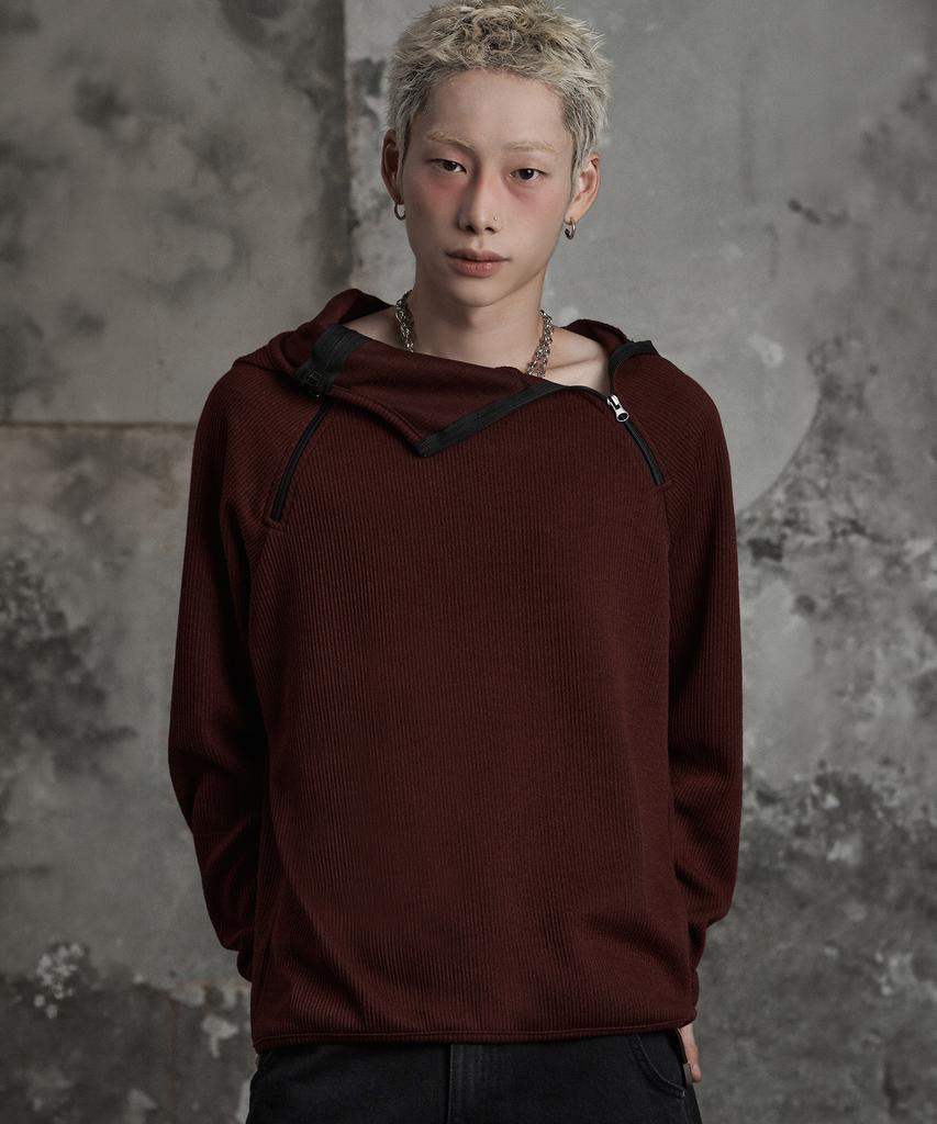 LANARCHIVE [0180] Diagonal Zipper Hooded Long Sleeve - Burgundy