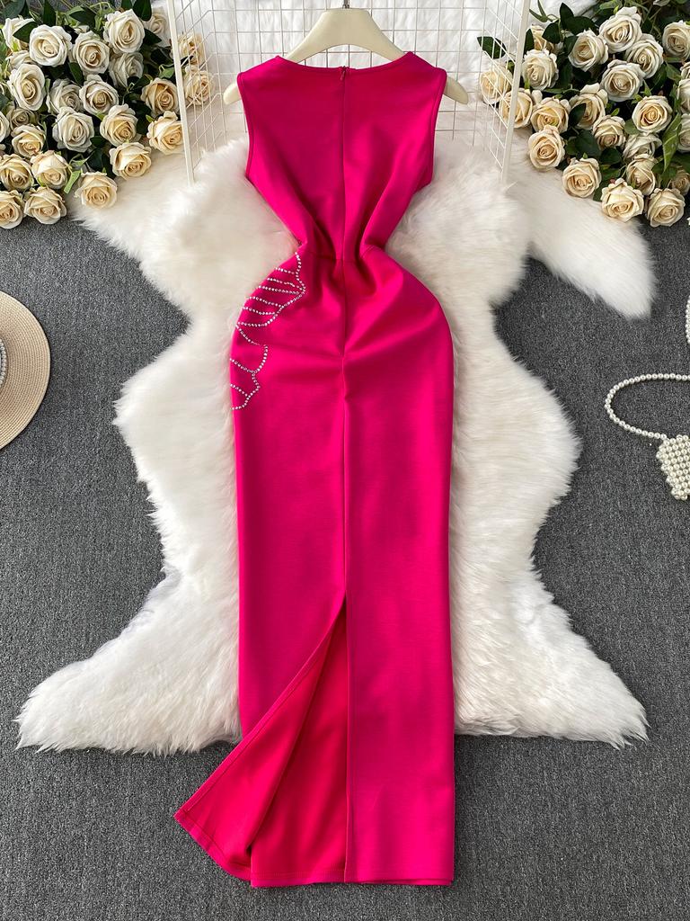 Dinner Party Dress Women's Summer High Sense Hot Diamond Flower V-Neck Sleeveless Slim Skinny Split Dress