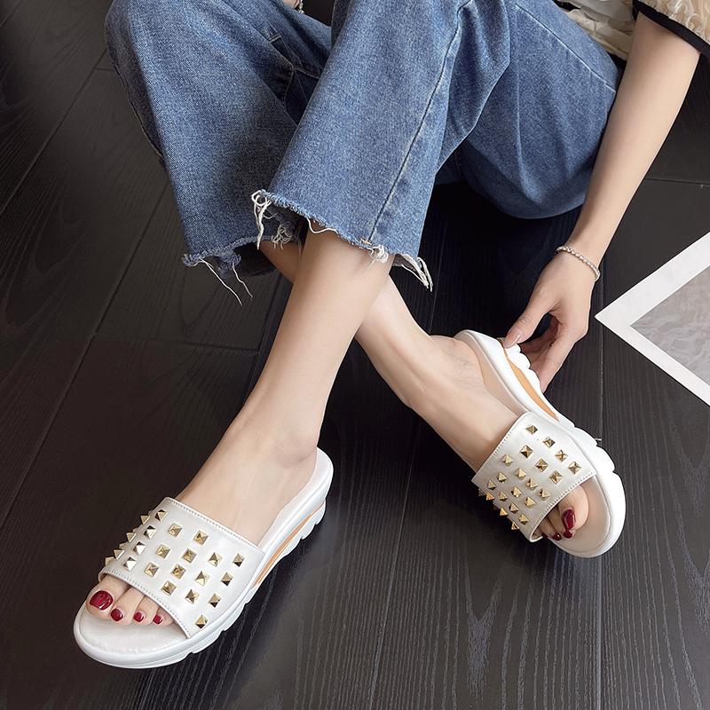 Fashion 2025 Summer Fashion Punk Style Rivet Design Word Slippers New Women's Leisure Wedge Multi-color Plus Size Beach Slippers