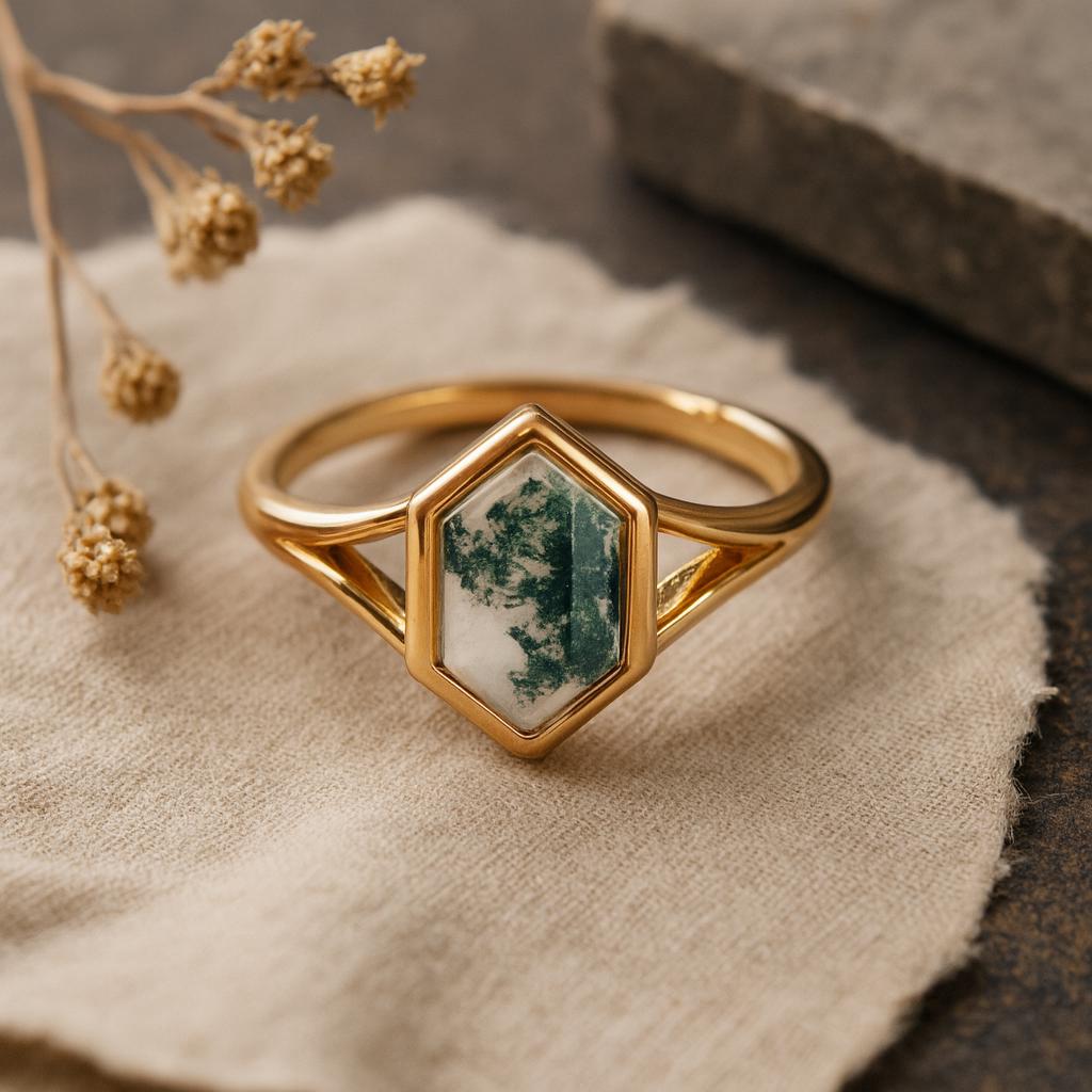 Wedding Engagement Anniversary Promise Gift – Vintage Hexagon Cut Moss Agate Ring, Yellow Gold Plated Bezel Setting Bridal Jewelry for Women