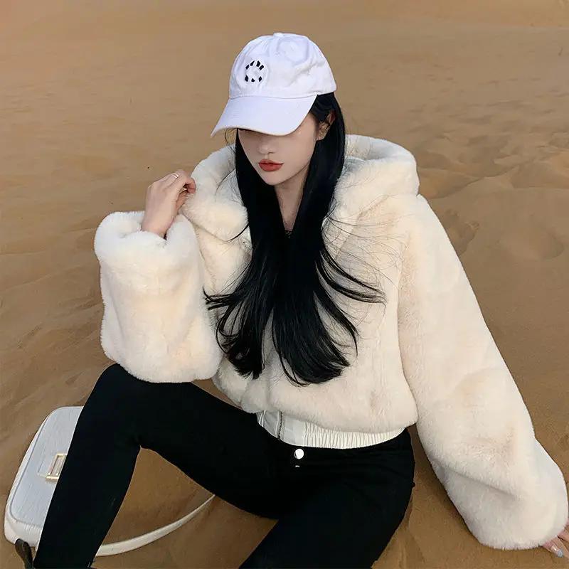 Furry Cropped Faux Fur Coats and Jackets Women Fluffy Top Coat with Hooded Winter Fur Jacket