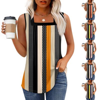 Tank Top For Women Summer Outfits Sleeveless Print Blouses Casual Loose Shirts Pleated Square Neck