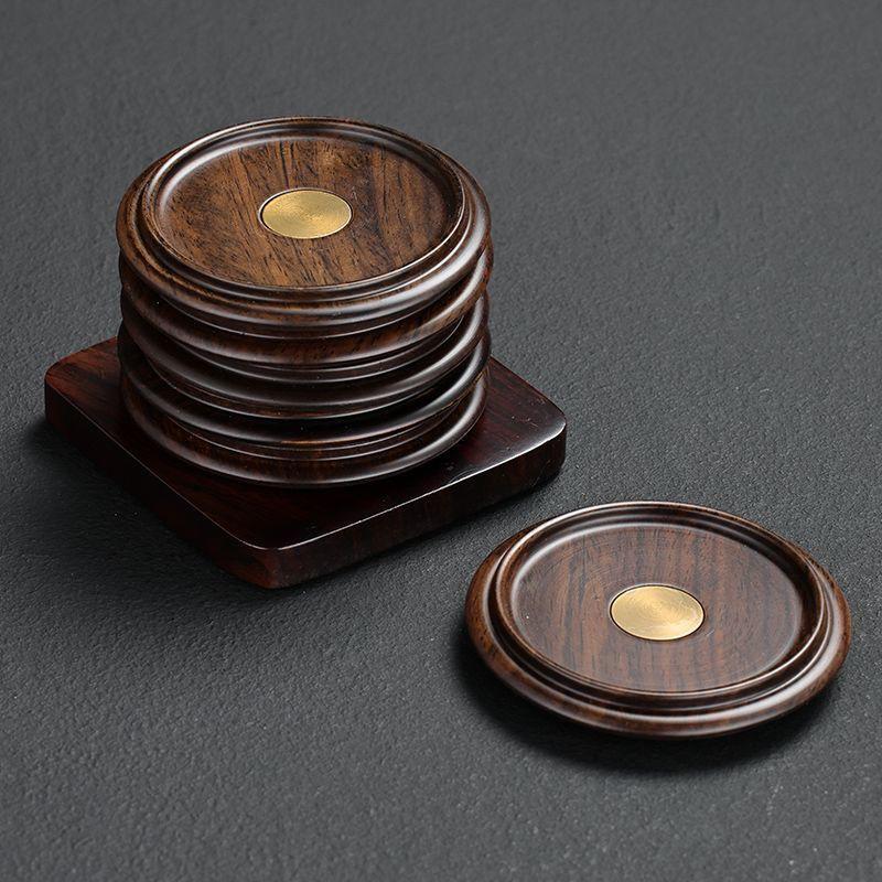 Wooden Coaster Set With Copper Inlay Heat-Resistant Tea Cup Trivet Kung Fu Ceremony Home Kitchen