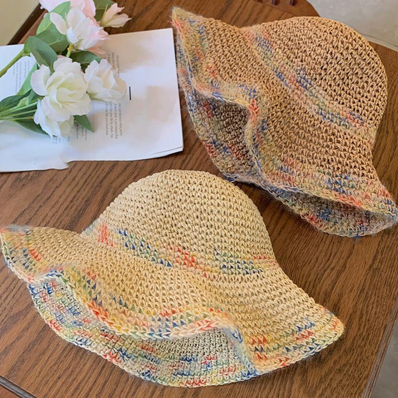 Summer Colorful Woven Straw Hat For Seaside Vacation Breathable Hollow Out Large Brim Uv Resistant Sun Hat