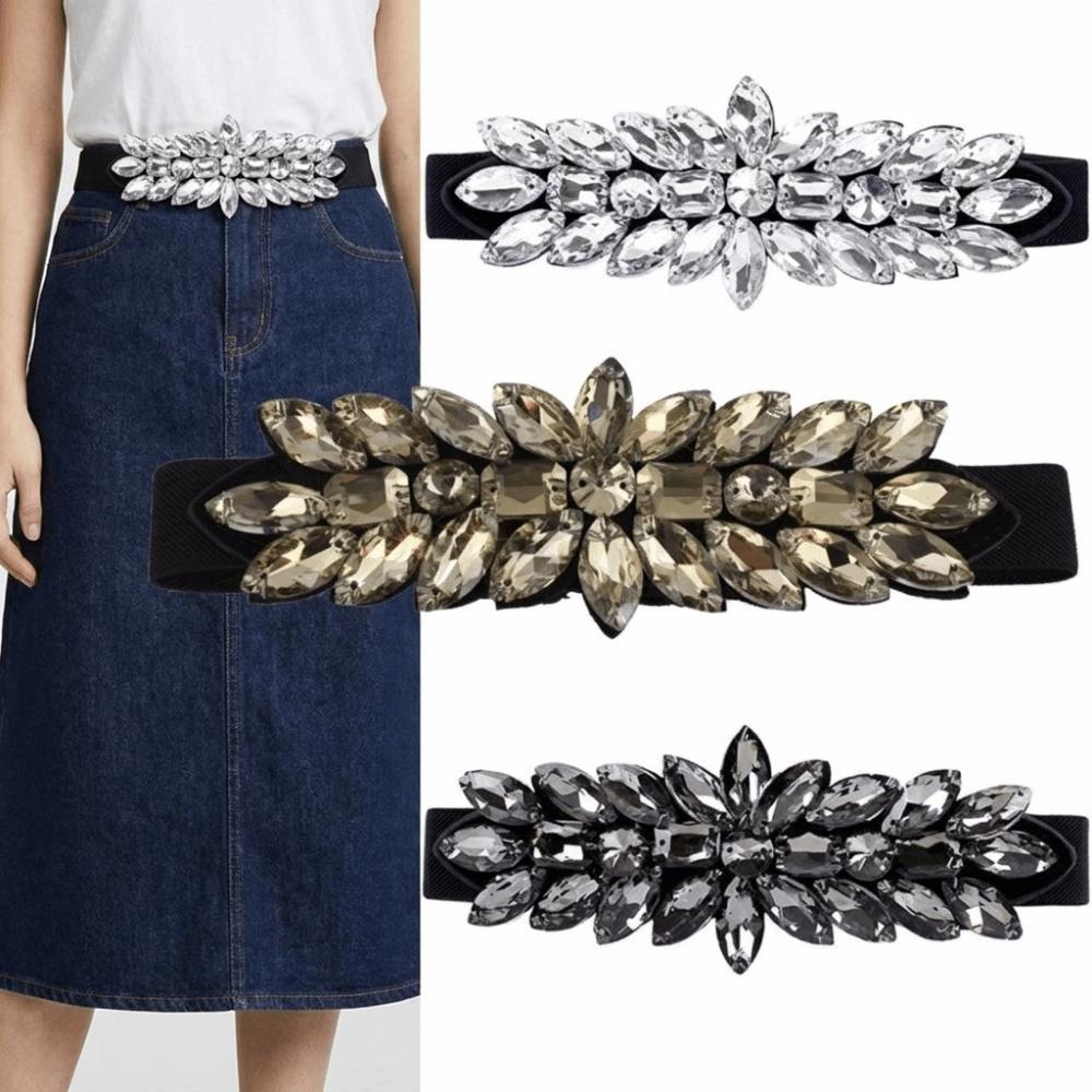 Large-Grain Elastic Waist Belt Shiny Waist Cincher Decorative Crystal Stretch Waist Belt Women