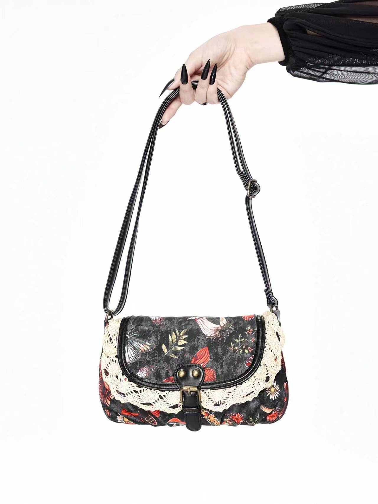 

Floral Butterfly Canvas Crossbody Bag Vintage Lace Trim Shoulder Bag With Adjustable Strap Y2k Style Casual Date Underarm Purse чёрный