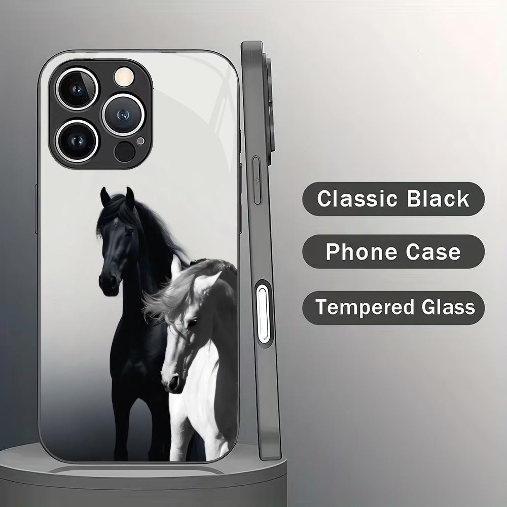 Horse Pattern Tempered Glass Phone Case Suitable for iPhone 17 16 15 14 13 12 11Pro/Max/Plus Anti Drop and Shockproof Back Cover