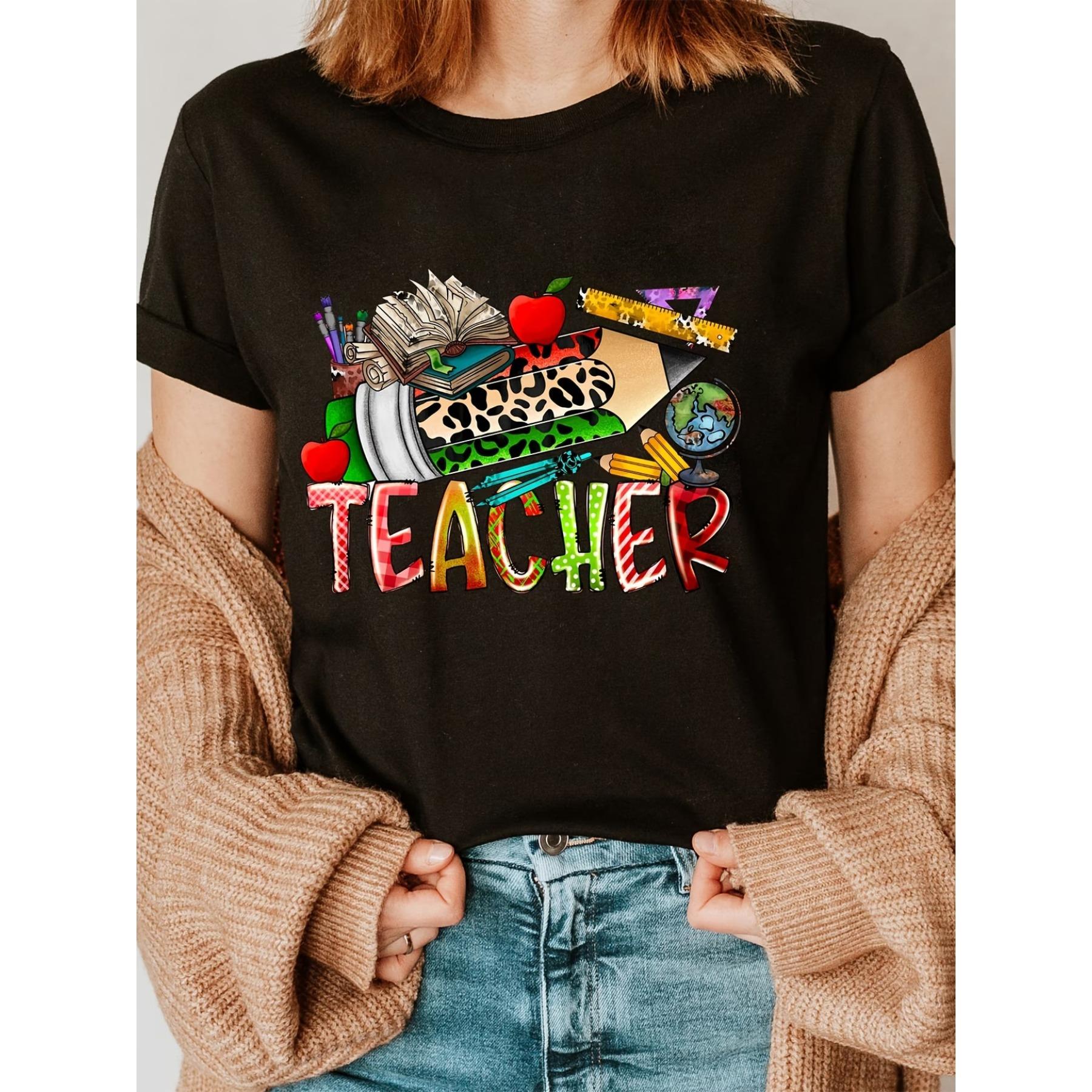 

Teacher Day Print Crew Neck T-shirt, Short Sleeve Casual Top for Summer & Spring S чёрный