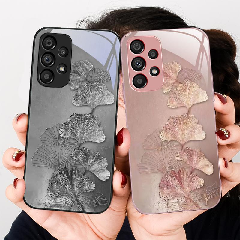 Goldene Ginkgo-Blätter Samsung Galaxy S23 U Ltra 24 Plus S20 P Lus 21 FE S25 Ultra A70 A72 73 51 52 53 Gehärtetes Glas Handyhülle