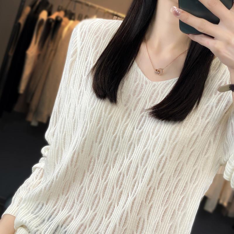 Neues V-Ausschnitt Hollow Bottoming Shirt Damen Pullover Kammgarnwolle leicht transparent lässig locker Pullover Top