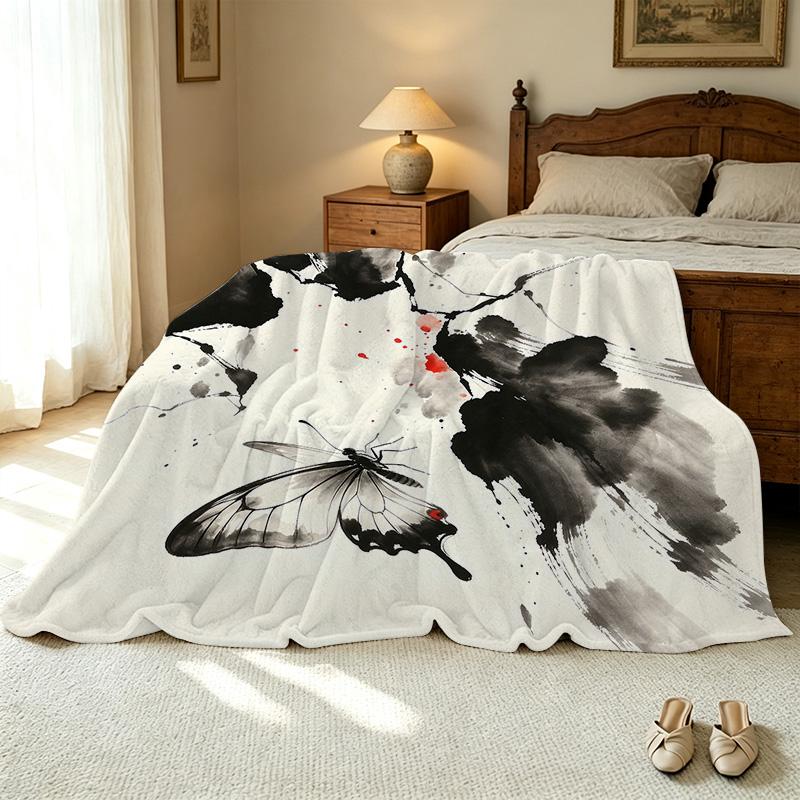 Lightweight Flannel Blanket Ink Wash Butterfly Pattern, Soft & Skin-friendly Throw, Ideal for Home, Nap, Car Use, Halloween & Christmas Decor