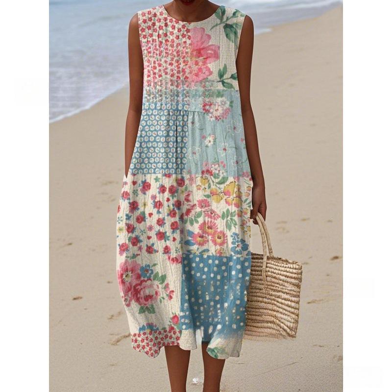 European and American New Summer Flower Ocean Printing European Size Round Neck Sleeveless Long Dress Creative Loose Dress