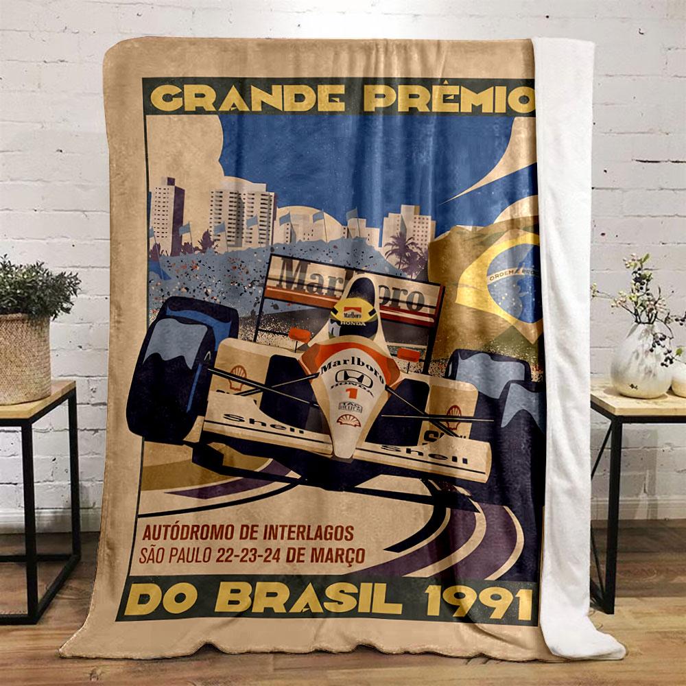 Vintage Brazil Grand Prix 1991 F1 Poster Multicolor Cozy Blanket, Silky Soft Blanket for Restful Sleep, Durable Warm Throw for Outdoor Fun