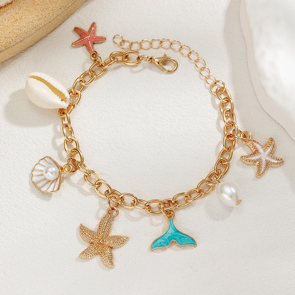 Summer Beach Wind Alloy Starfish Bracelet Drip Oil Colored Starfish Shell Human Tail Tassel Bracelet