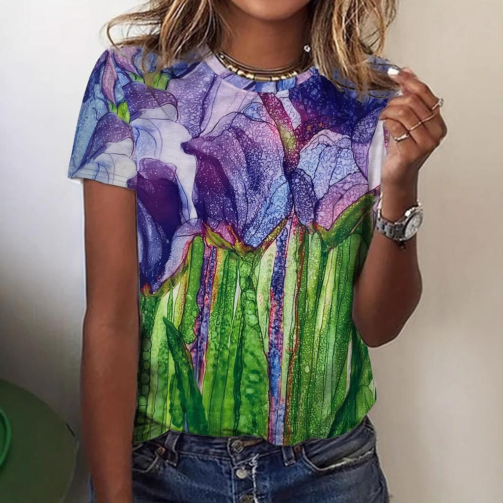 Women's round neck short sleeved T-shirt, women's summer small animal print, 3D digital print, popular print summer top 2880 EMA