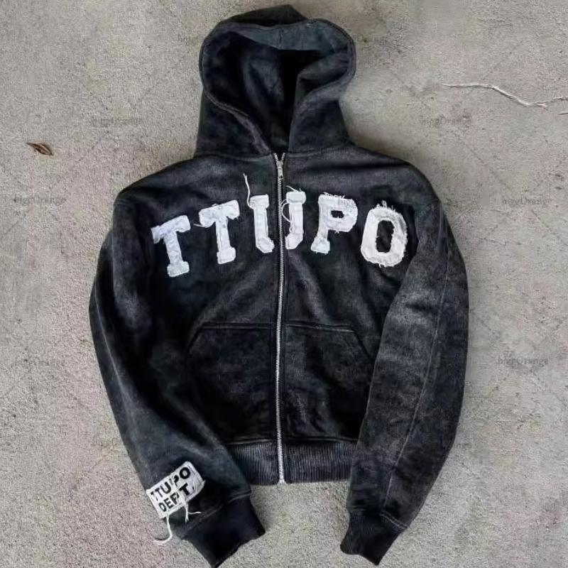 

Мужская и женская свободная толстовка с капюшоном на молнии в стиле ретро Y2K в стиле уличной моды с цветными нашивками и вышивкой S чёрный